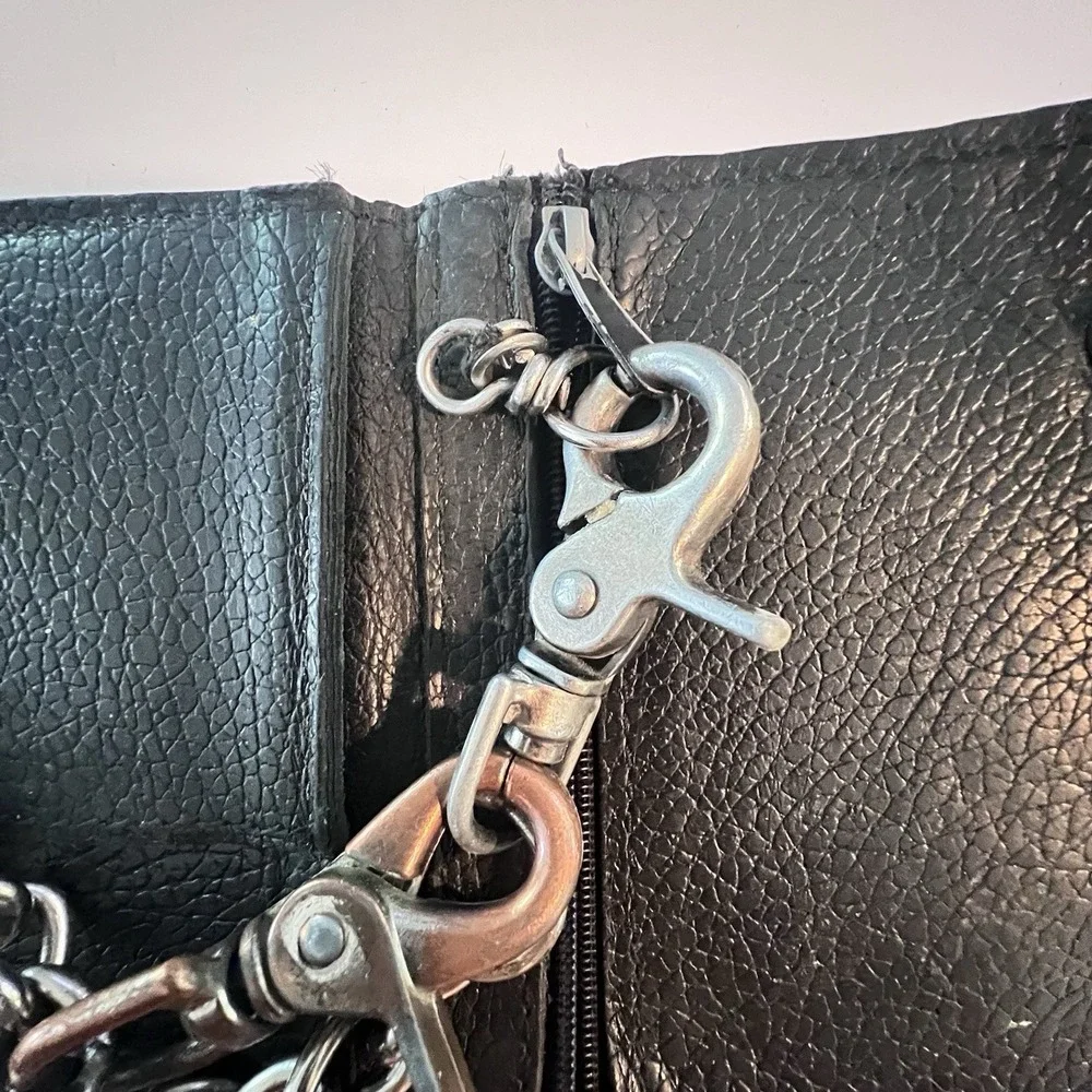 Harley-Davidson Mens Black Leather Trifold Trucker Biker Chain Wallet Logo Snap